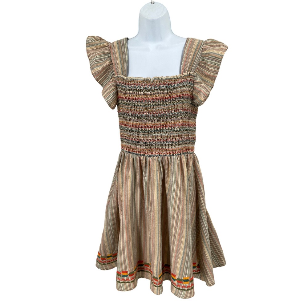 THML Mini Dress Womens M Multicolor Smocked Ruffle Striped Cottagecore Western